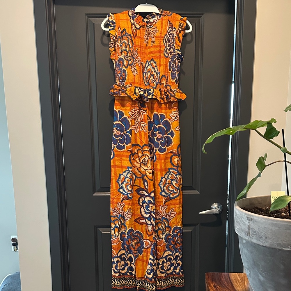 NWOT FARM Rio Orange and Blue Floral Jumpsuit